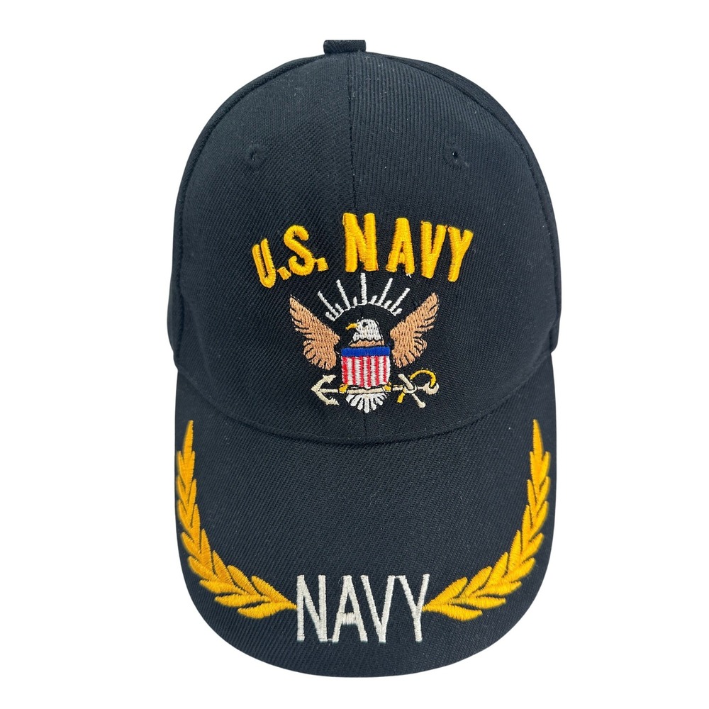 US Navy Cap Embroidered Eagle Gold Leaf Adjustable One Size Black Military Hat